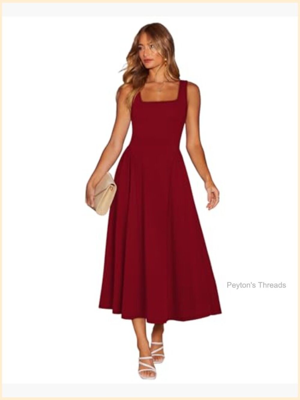 Square Neck Corset A-Line Maxi Dress Ruffle Ruched Waist Flowy Sleeveless Midi - Picture 4 of 7